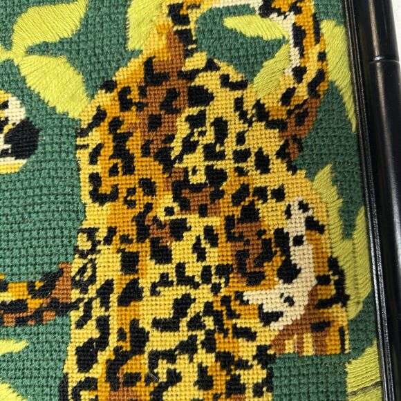 Vintage Leopard Needlepoint Black Bamboo Type Frame Green Hollywood Regency Art - Picture 6 of 16
